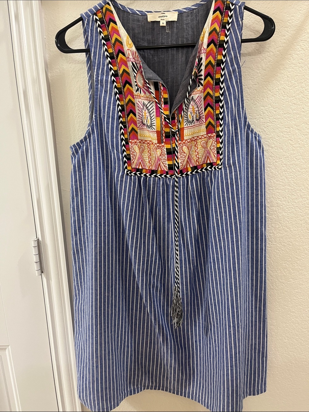 entro Blue and White Striped Top with Embroidered Trim